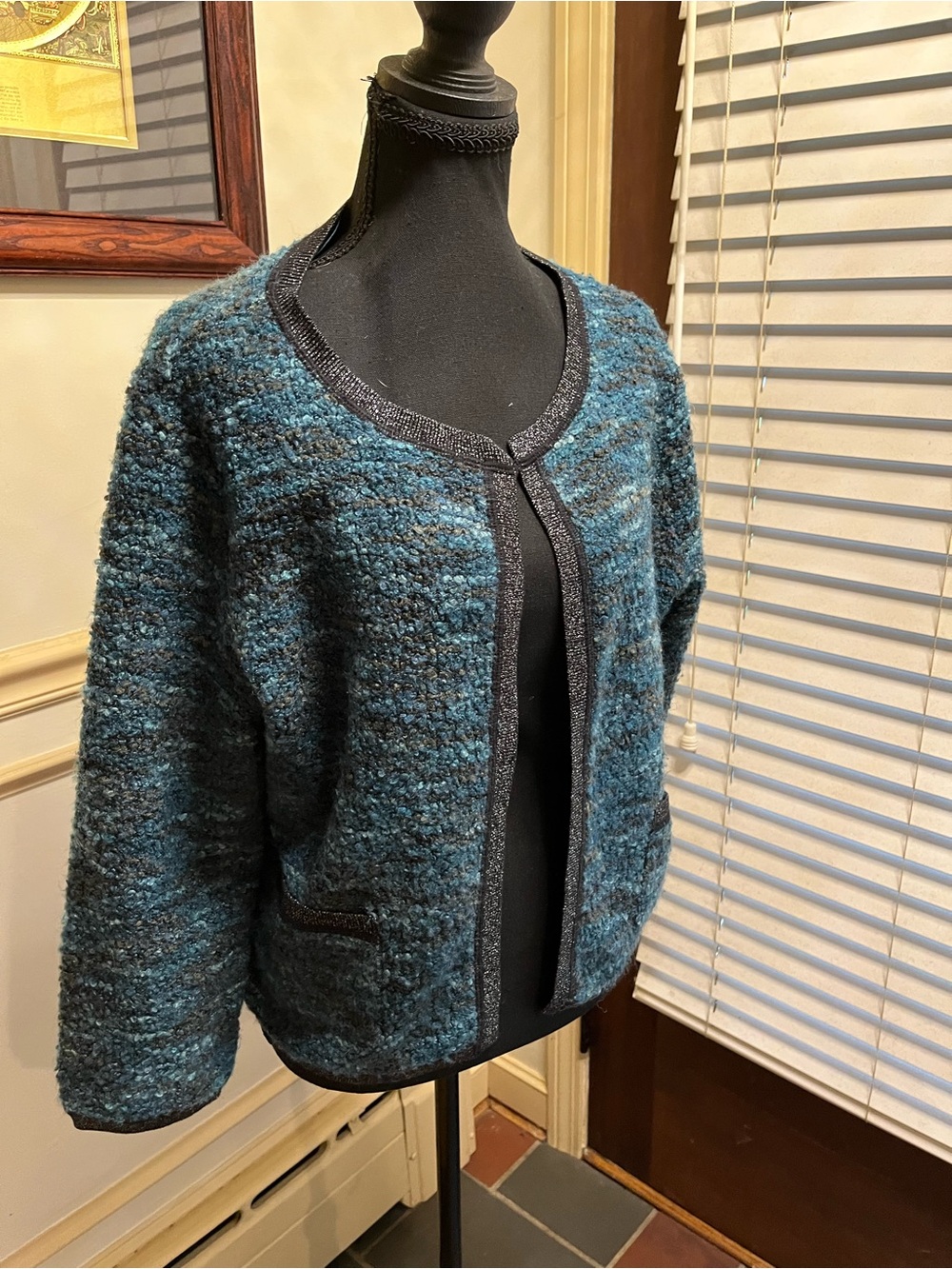 a.n.a Teal and Black Bouclé Open-Front Cardigan